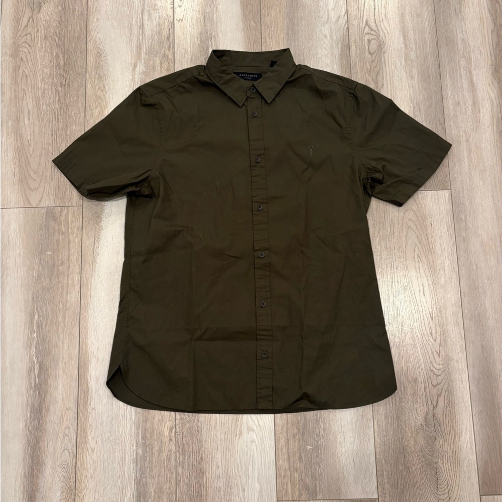 All Saints Rivera Short Sleeve Dark Green Button Up Shirt Size XL